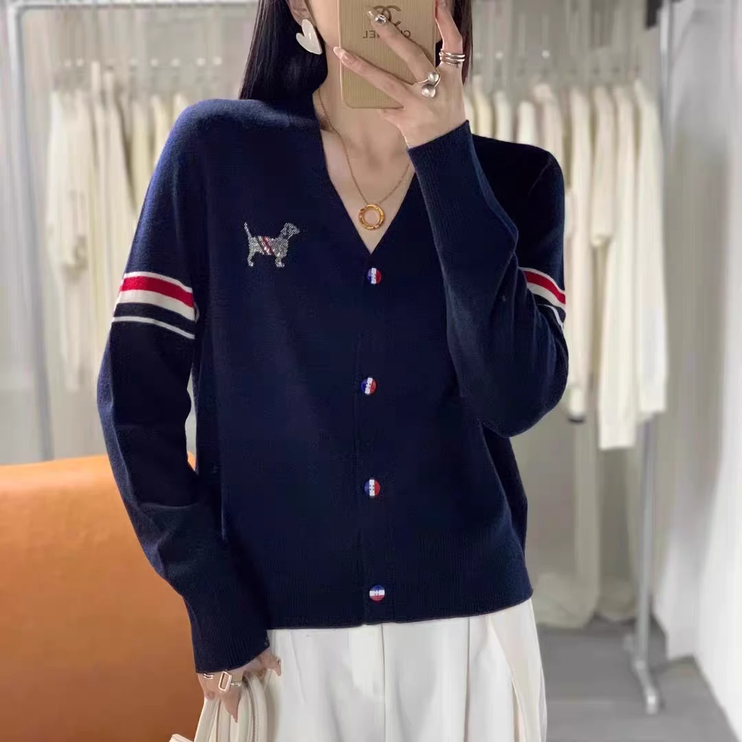 开衫毛衣女士2025超火新款小狗藏蓝色tb针织衫外套春秋羊毛衫上衣
