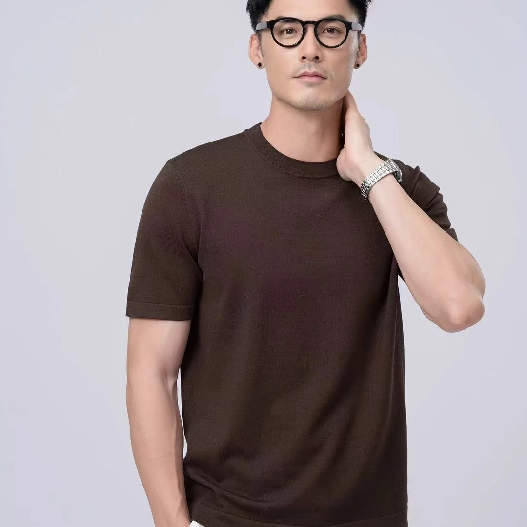 薄款柔软保暖短袖衫男士衫时尚圆领针织宽松型纯色