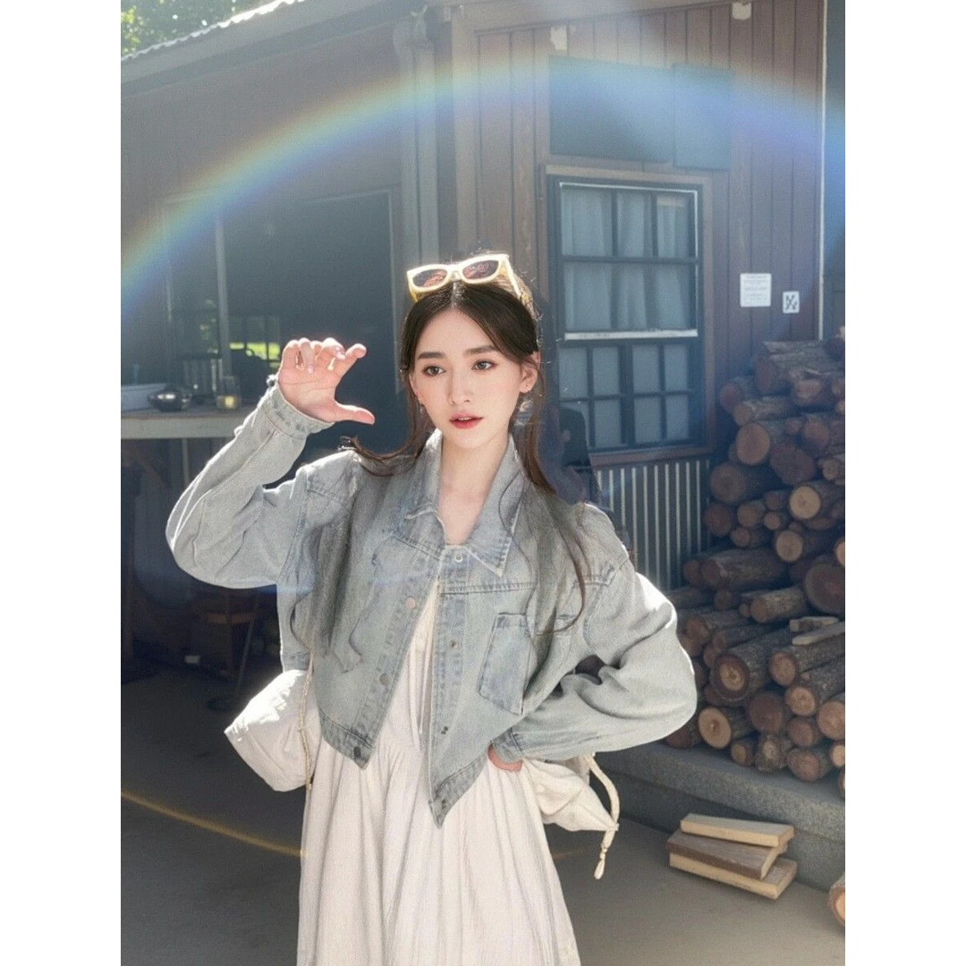 美式复古浅蓝色牛仔外套女2025新款春季爆款少女感小个子短款上衣
