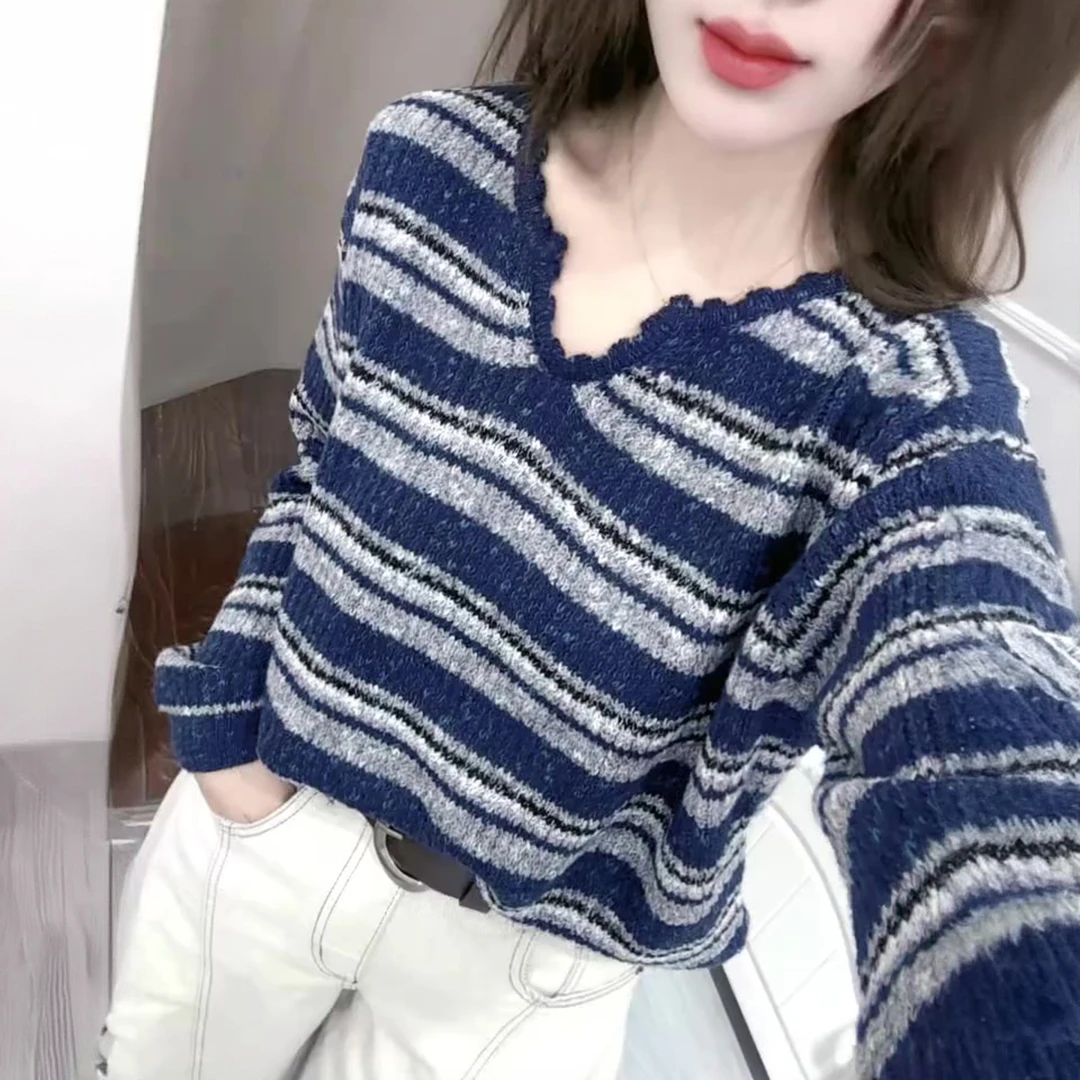 韩系长袖圆领拼色条纹上衣女2025早秋简约宽松显瘦时尚休闲针织衫