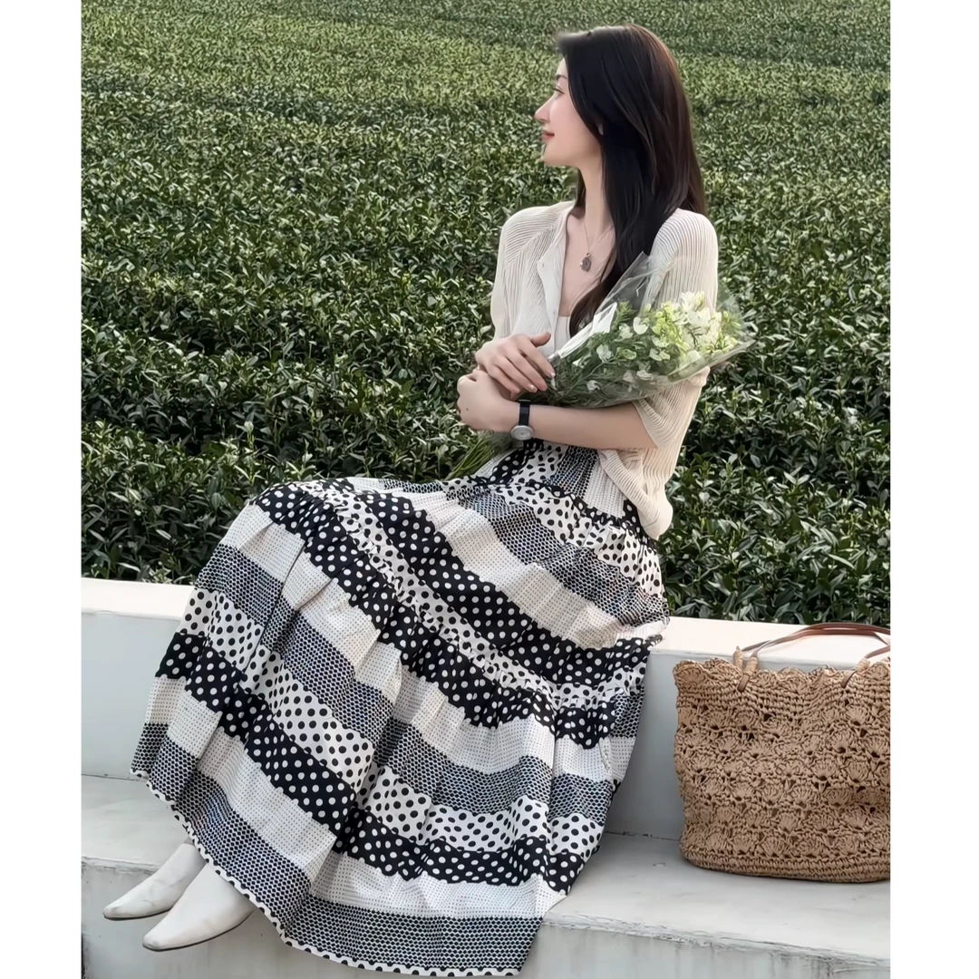 JAS 今屿【波点半裙】春夏法式艺术印花重工松紧腰qc JAS-HW-4090