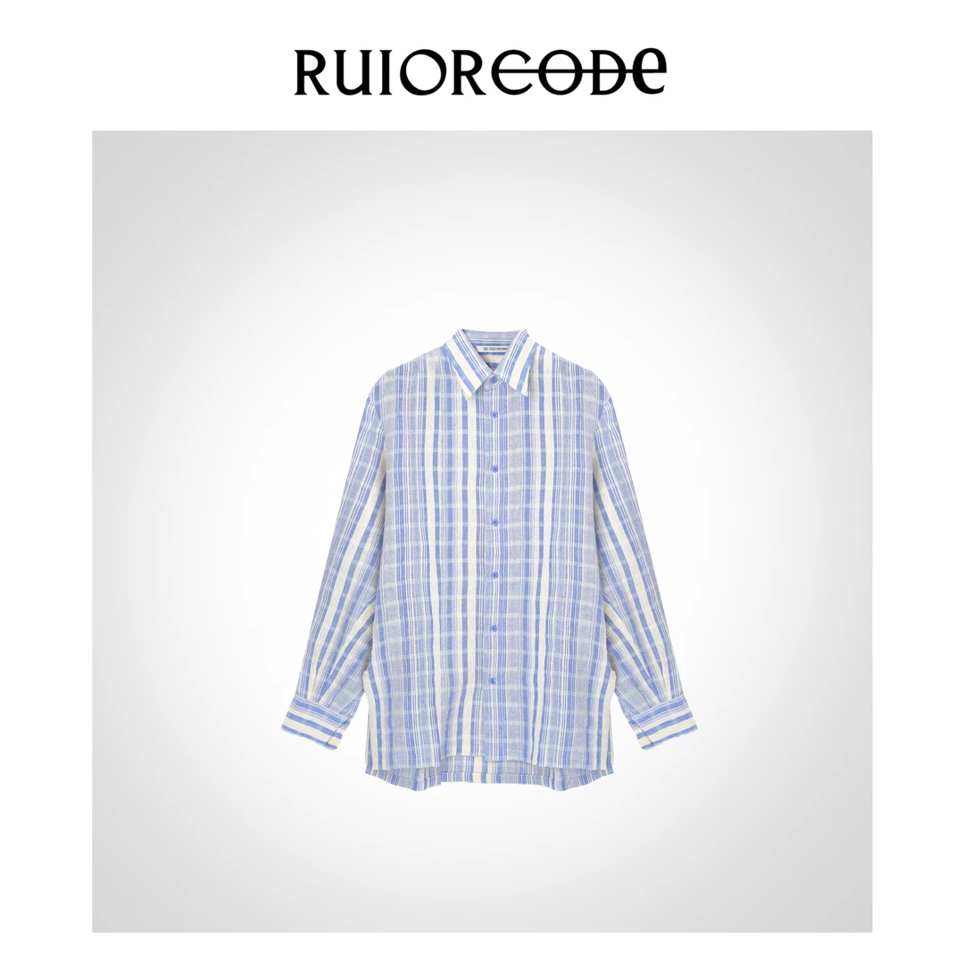 【RUIORCODE】蓝杏撞色格纹翻领单排扣衬衫 理性消费！！