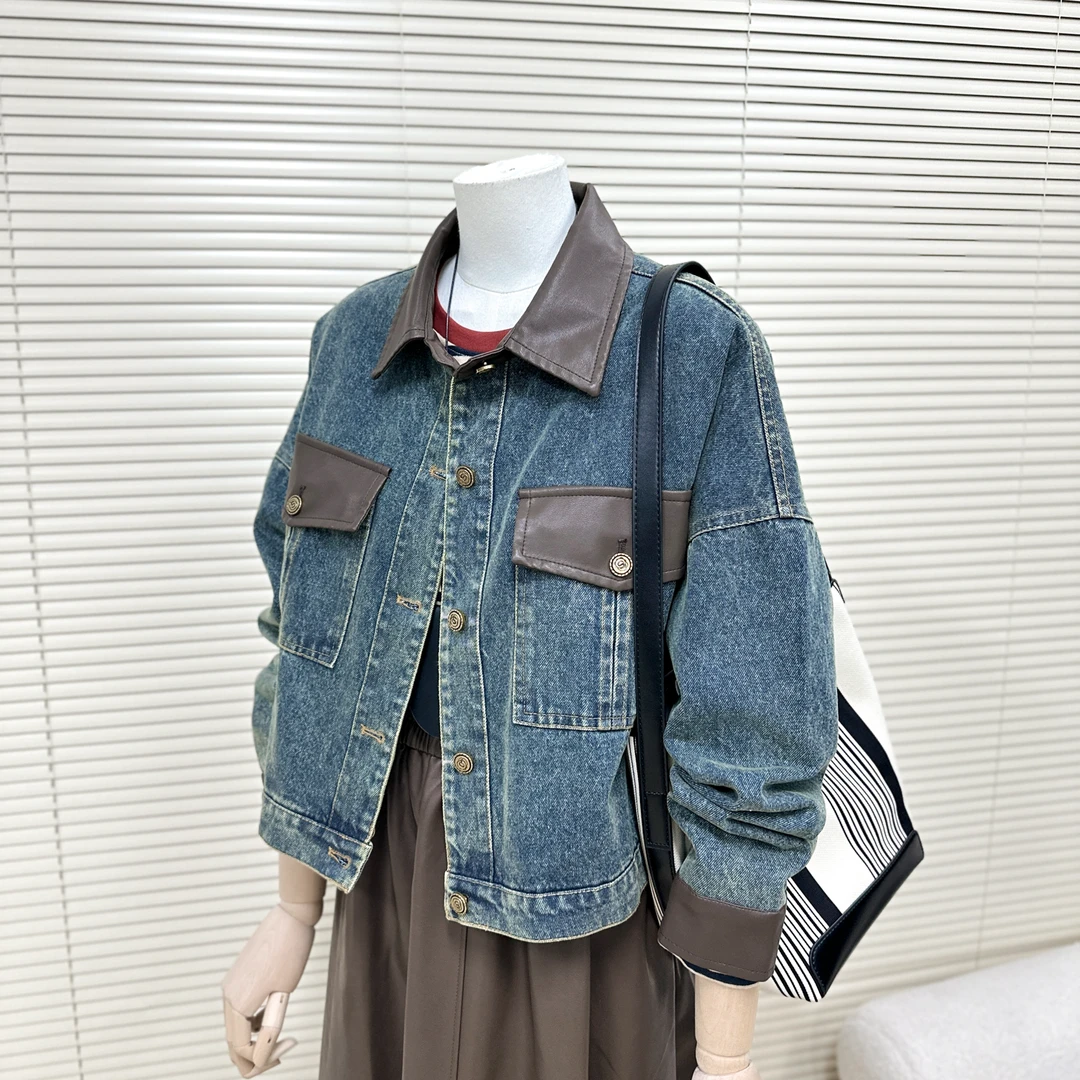 港风复古撞色牛仔外套女2025秋季新款小个子宽松别致短款夹克上衣