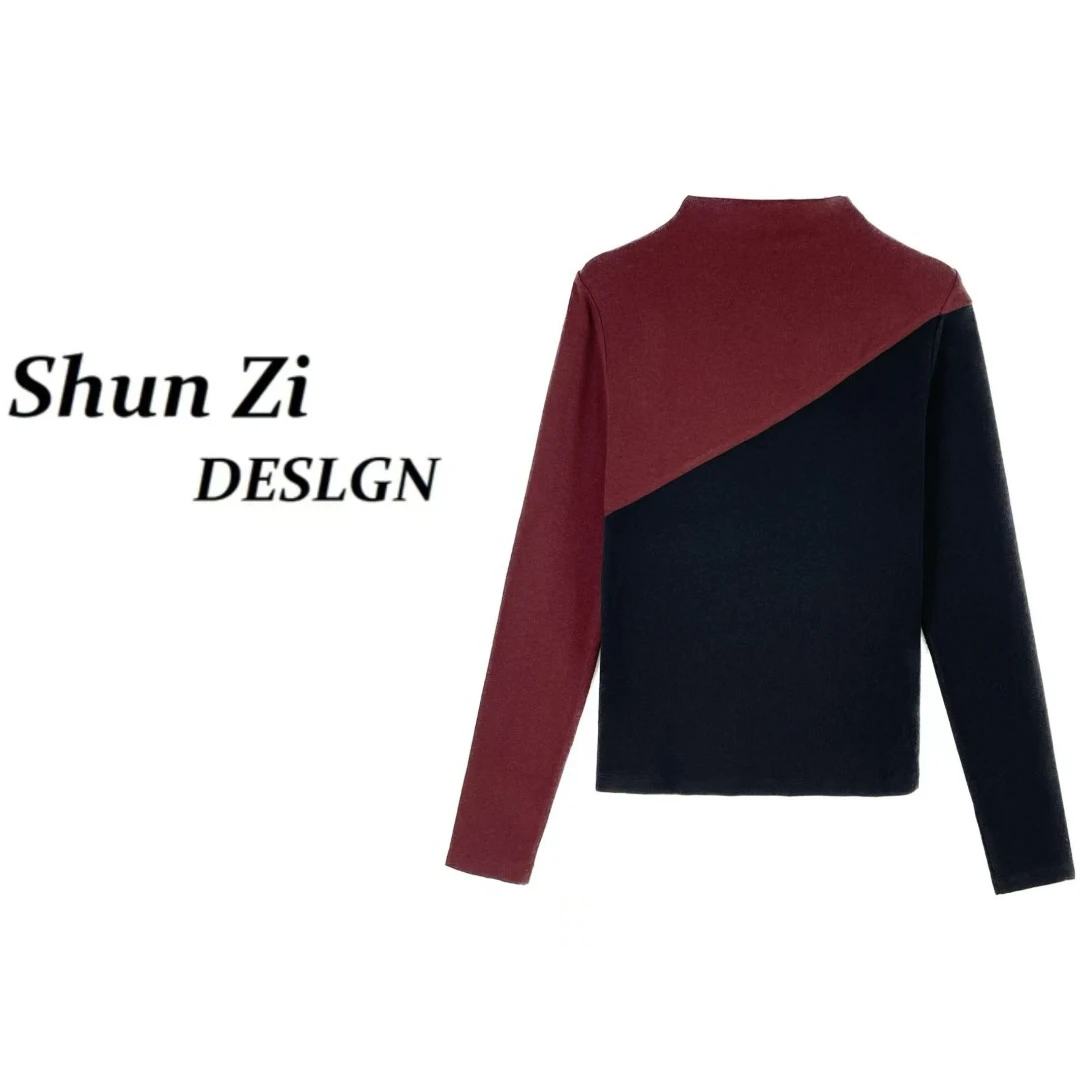 顺子/SZ6731 【德绒+绵羊毛】设计师款秋冬个性不规则撞色长袖打底
