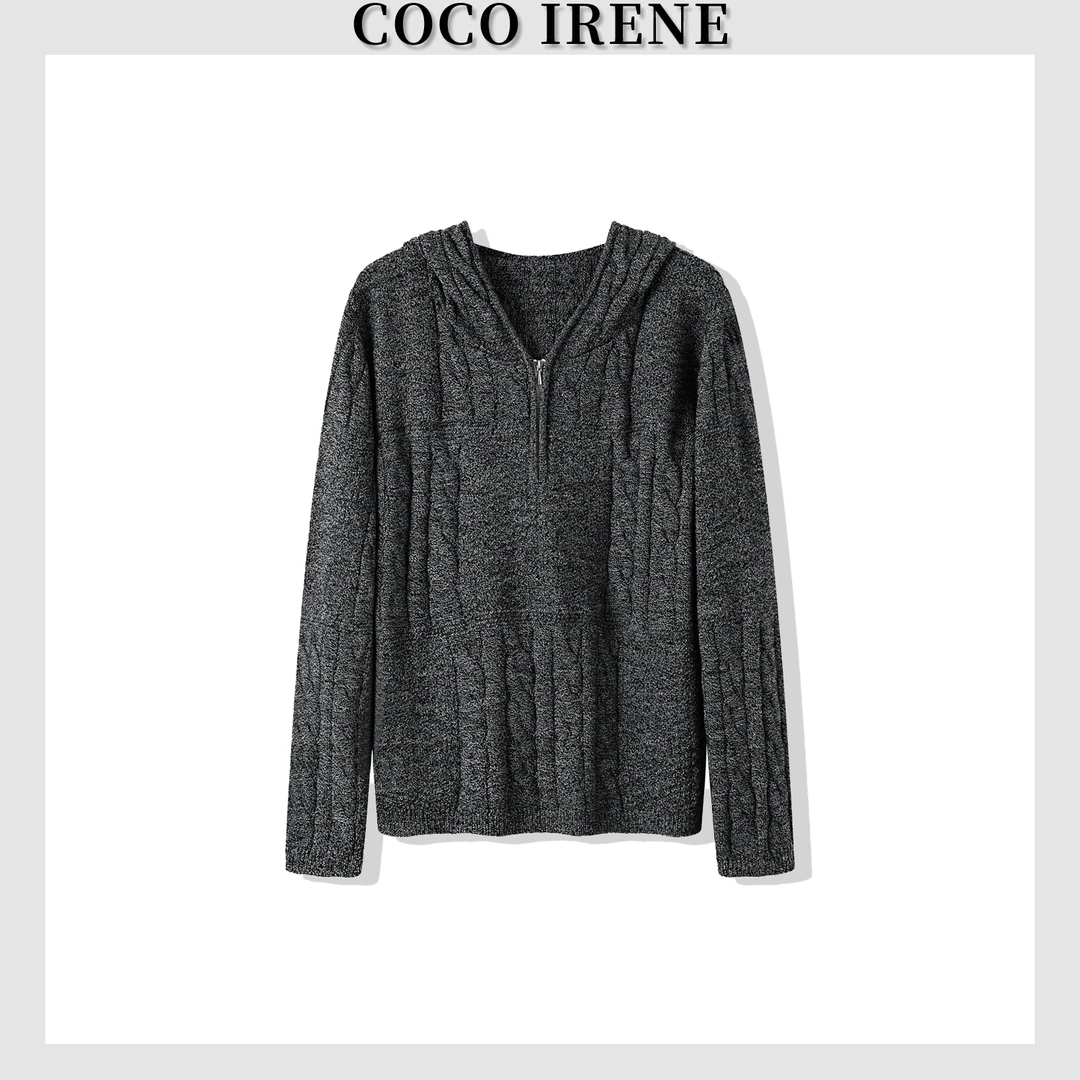 COCO IRENE【LP重磅花纱帽衫 】秋冬新款连帽半拉链毛衣