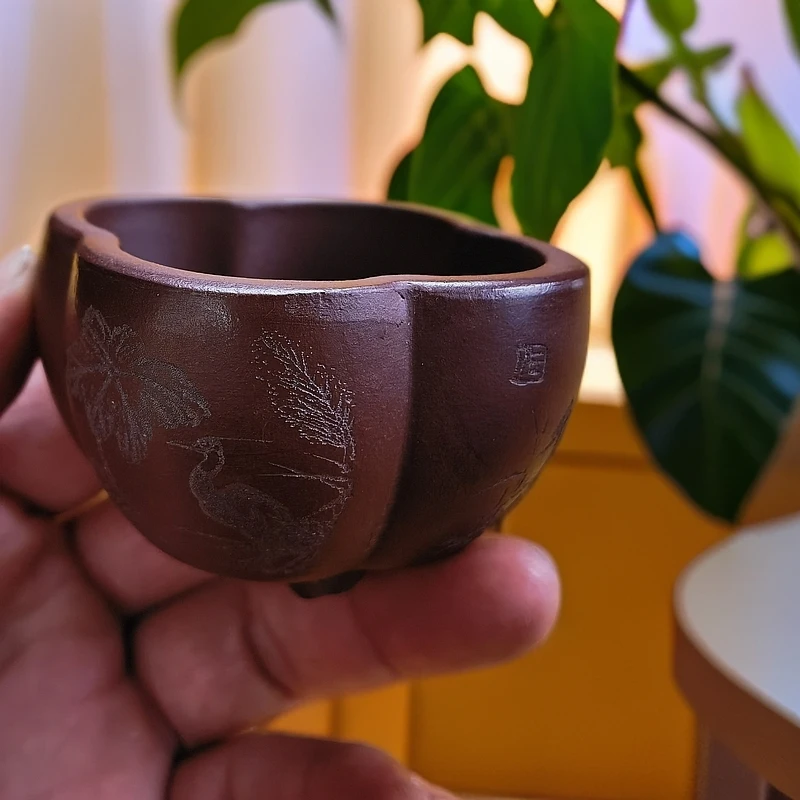 M33微型胖海棠紫砂花盆原矿紫泥，外口径7*4.5cm