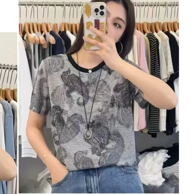 【锦衣服饰】NI 6707韩系印花撞色圆领拼色短袖T