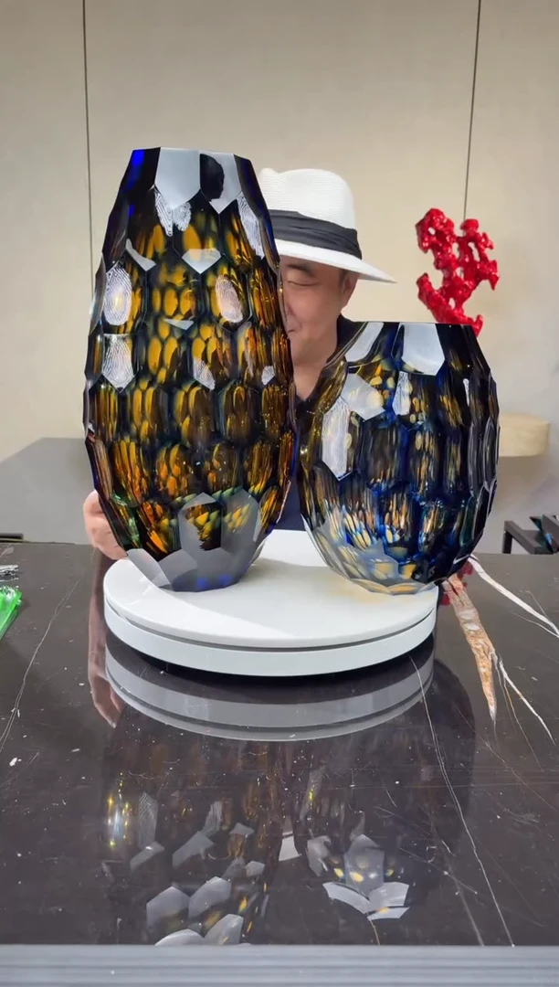 摆件渔****厅璨石美学【浮光跃金】蓝色茶金凹面花器一组