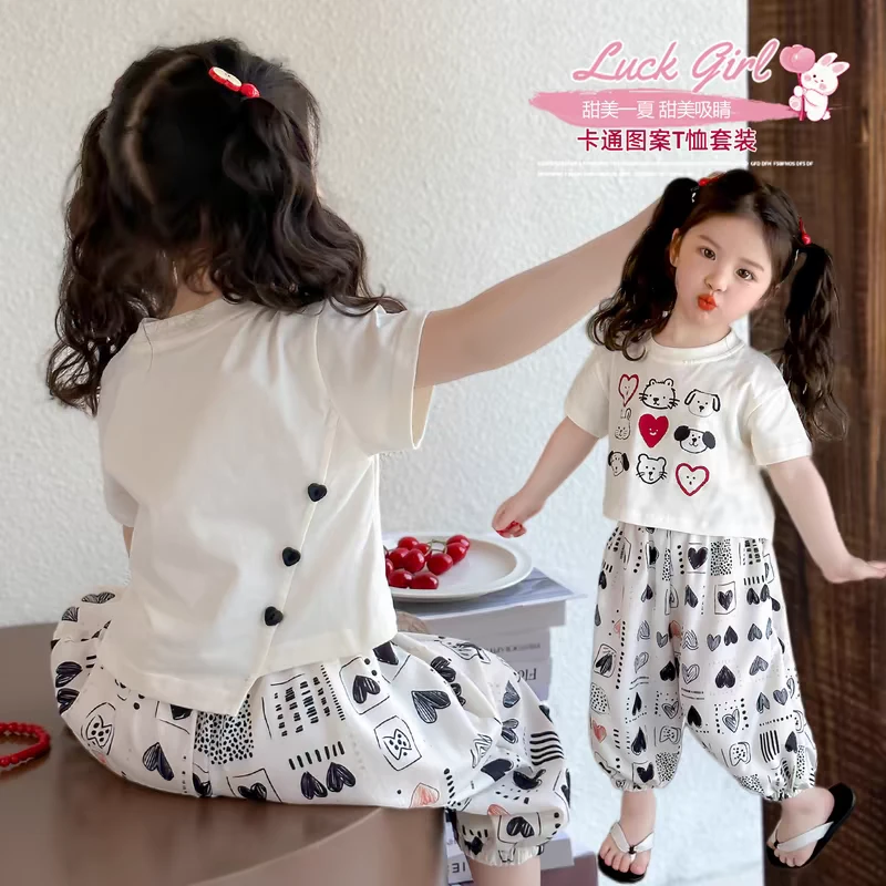 2025新款洋气宝宝T袖加裤子两件套爱心卡通印花透气轻便吸湿排汗