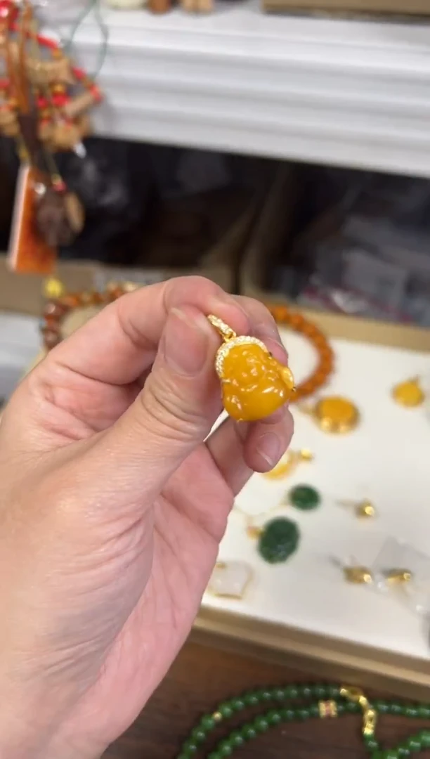 蜜蜡项链银S925镶嵌孤品蜜蜡小佛公银吊坠[4751]