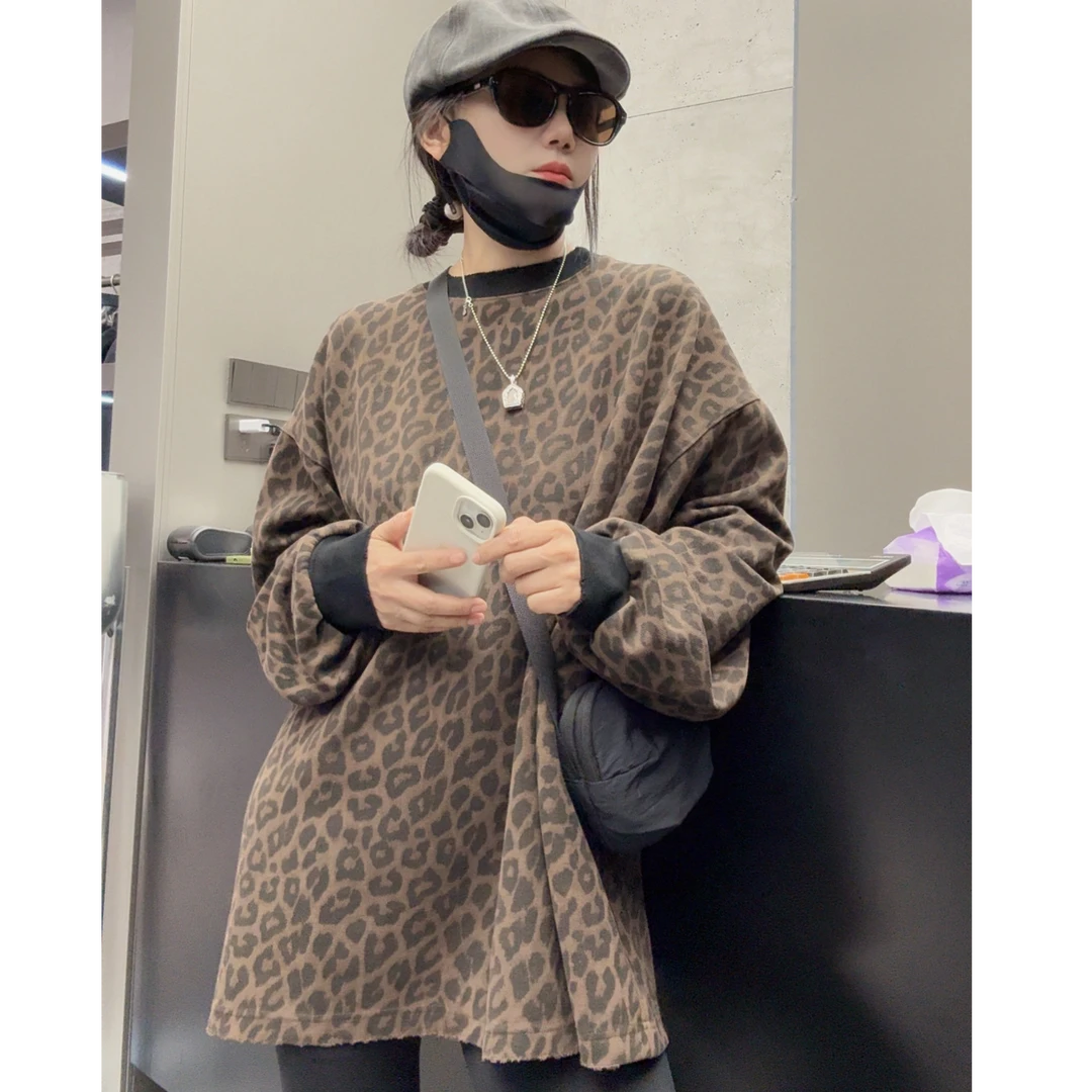 【摩姐姐欧韩】248448秋款豹纹宽松长袖上衣