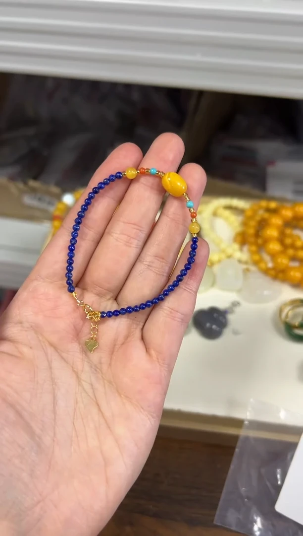 银S925镶嵌青金石手链青金石小米珠蜜蜡枣珠银手链[401]