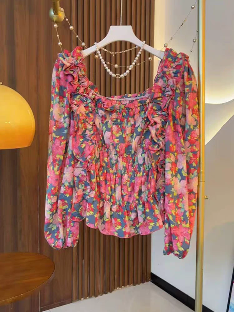 98037沐沐家方领长袖花朵小女装法式百搭春秋款上衣