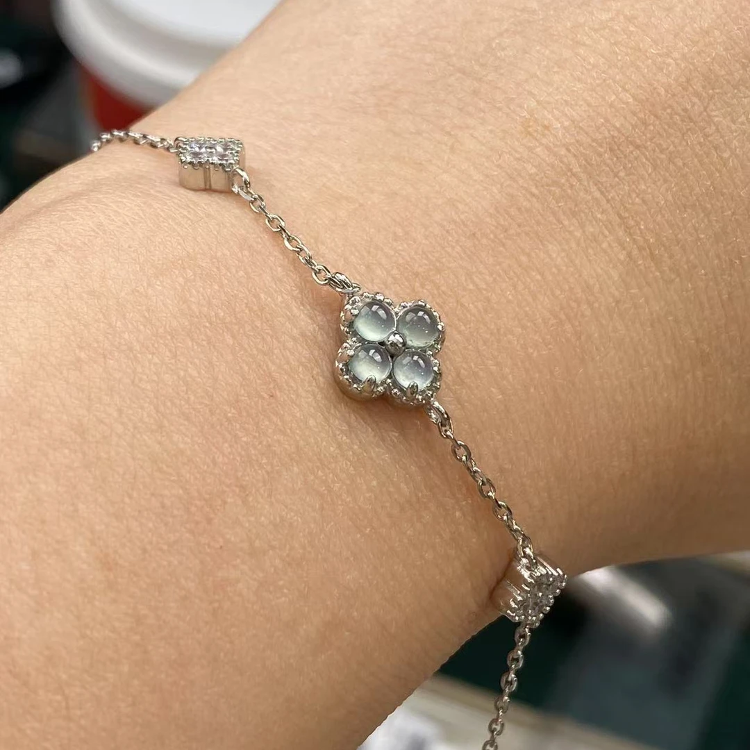 翡翠蛋面S925银镶四叶草手链