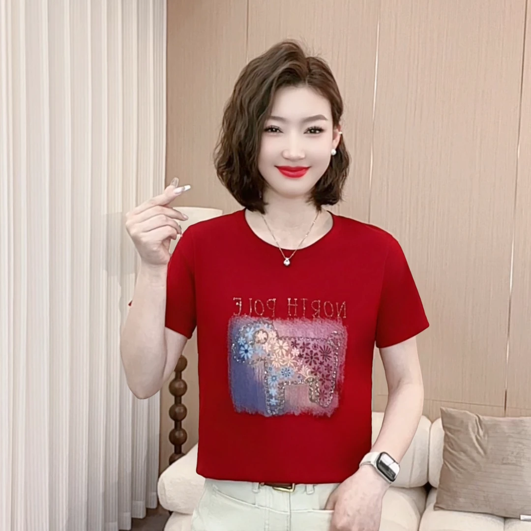 2025夏季时尚洋气新款圆领烫钻小狗印花休闲百搭气质短袖P5812