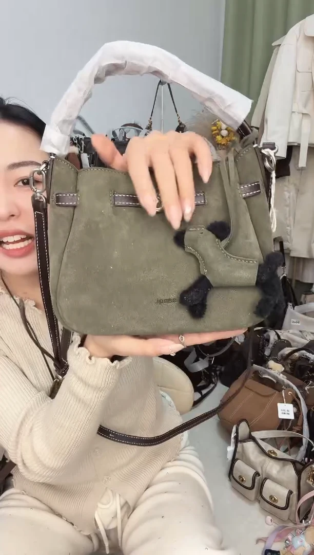 真皮绿色三七小菜篮