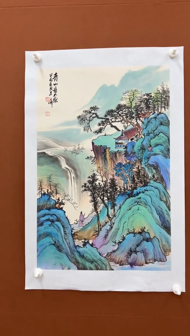 国画李文峰四尺三开重彩青绿山水