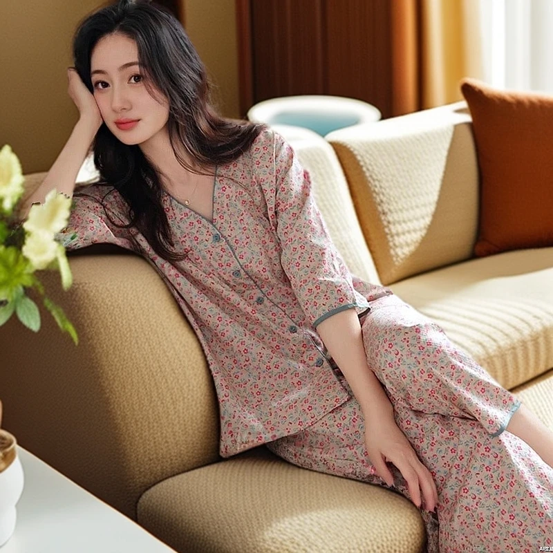 2025年睡衣女夏季开衫七分袖九分裤两件套装薄款中老年妈妈家居服