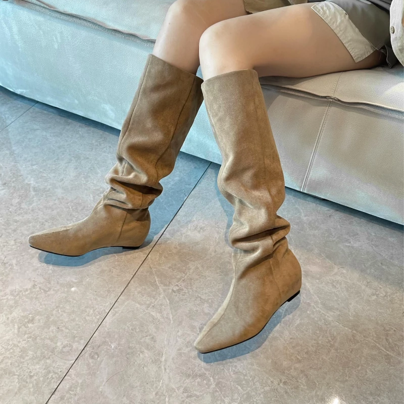 羊皮版~2025新款欧美风复古真皮长筒西部靴褶皱堆堆女长靴