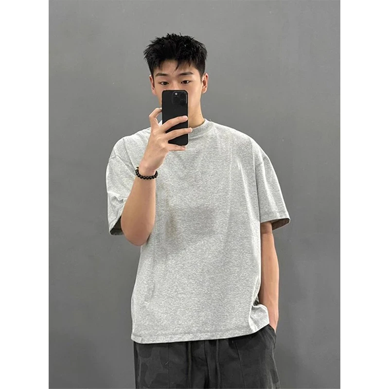 美式重磅浅灰色纯棉t恤男春夏季潮牌小领口短袖宽松内搭半袖体恤