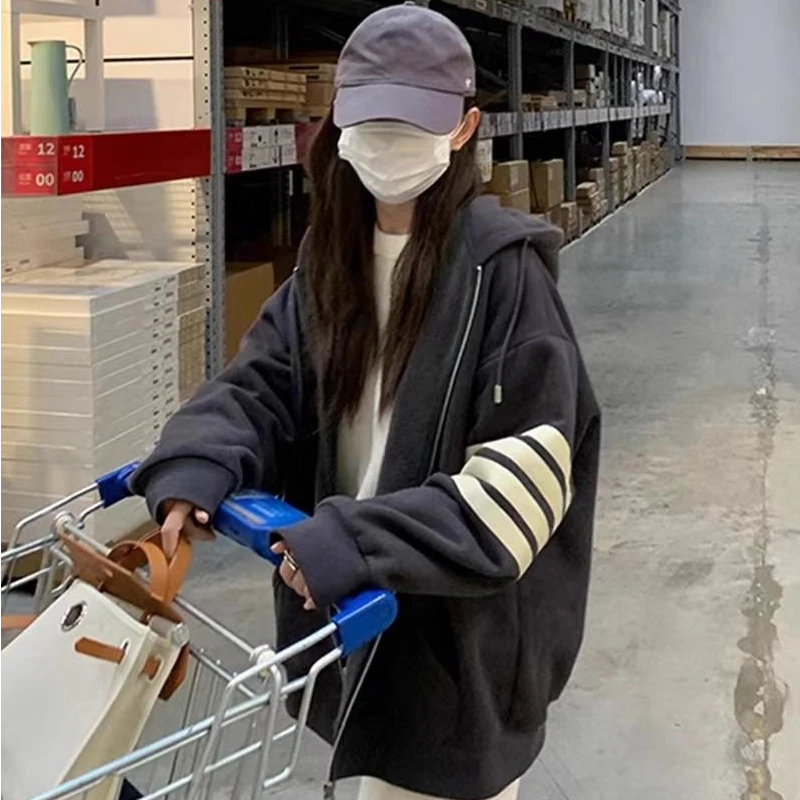 日系原宿风大码300斤运动休闲情侣外套男女秋冬慵懒风百搭卫衣薄