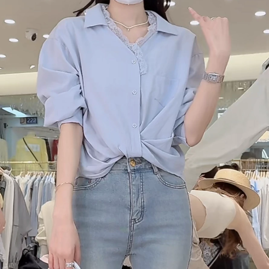 设计感不规则蕾丝衬衫女2025新款春季减龄时尚气质白色长袖衬衣