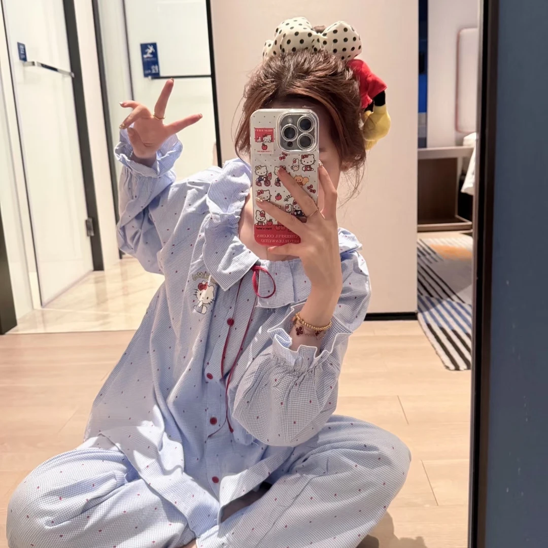 少女可爱HelloKitty睡衣女春秋新款蓝色花边长袖长裤家居服两件套