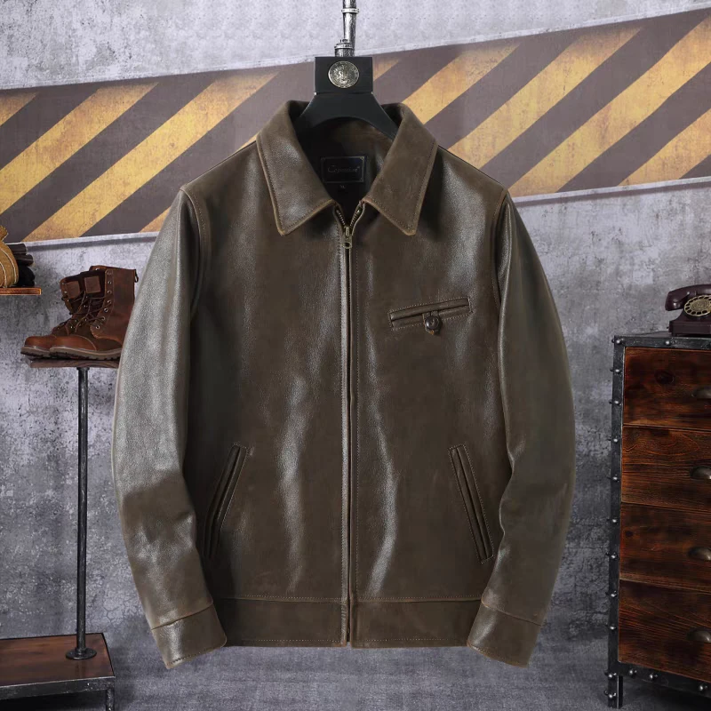 德普1940无涂龟裂纹皮衣外套男原生态头层小牛皮翻领短款真皮夹克