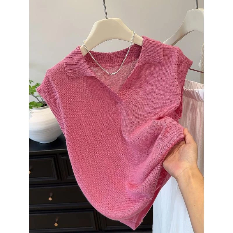 【现货现发】韩系粉红色粉嫩嫩复古polo领针织T恤女夏季新款软糯亲