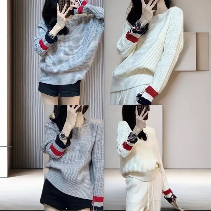 春秋新款设计款针织衫日韩复古慵懒风百搭女毛衣圆领套头时尚撞色