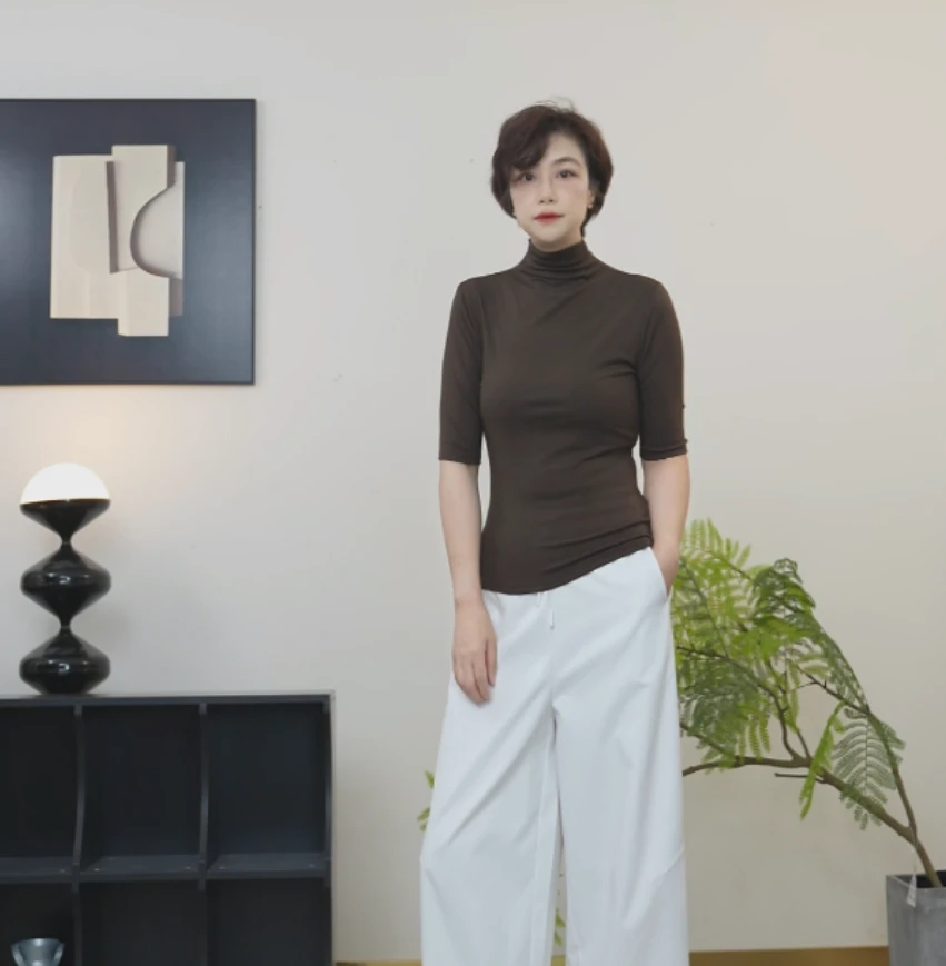 【U.M】莱赛尔立领五分袖中袖赫本打底衫舒适百搭显瘦