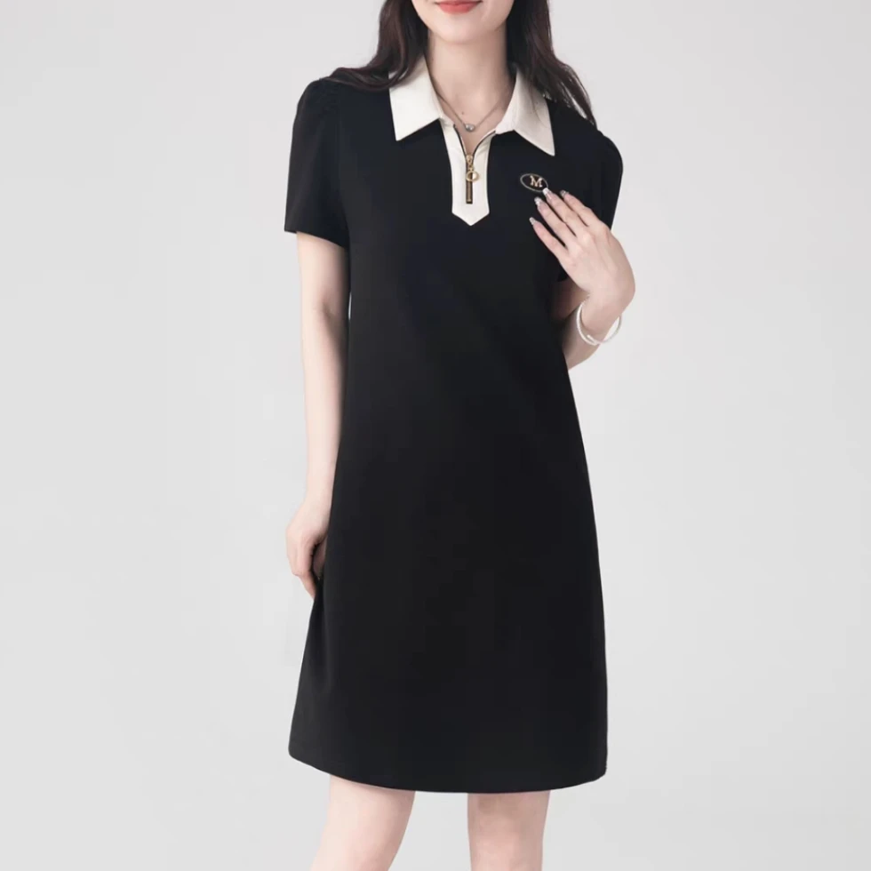 T1799(微瑕）短袖多巴胺连衣裙翻领女士修身宽松腰减龄针织B6