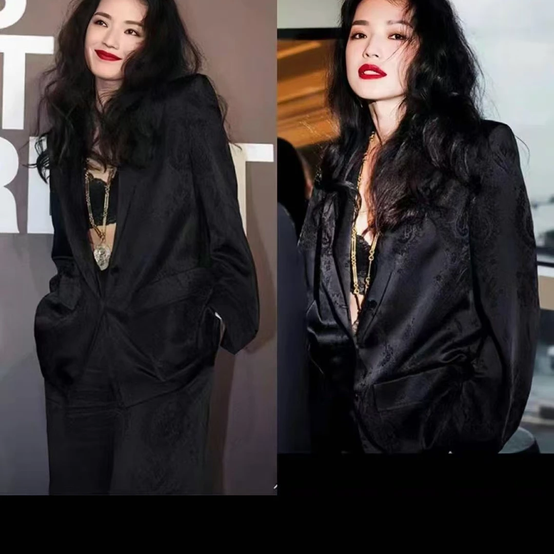 植物花卉中袖宽松型复古港风西装气质西服网红显瘦中长款韩版502