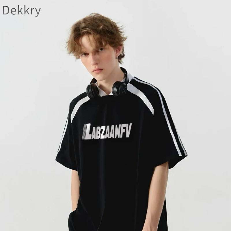 Dekkry印花夏季短袖字母薄款T恤男士休闲运动翻领撞色男子潮流