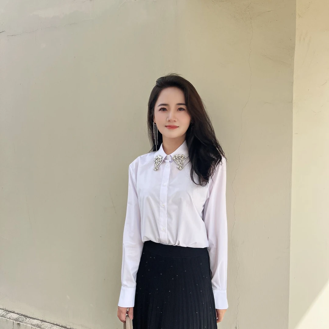 法式浪漫 p～精致镶钻POLO领长袖衬衫高级感衬衣