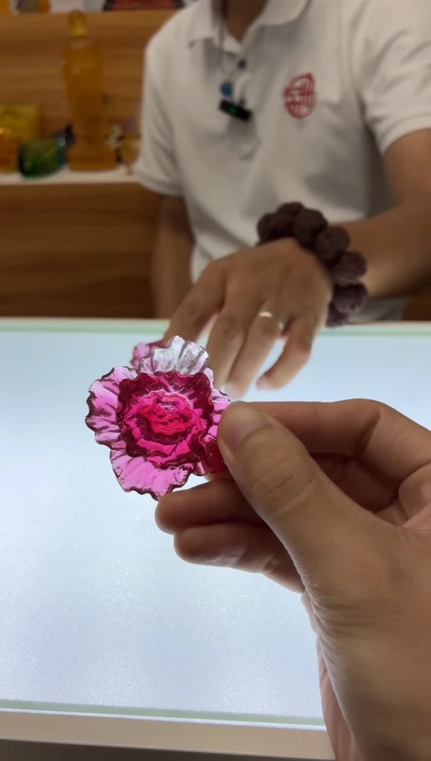 琉璃手工艺品牡丹花小茶摆金红色