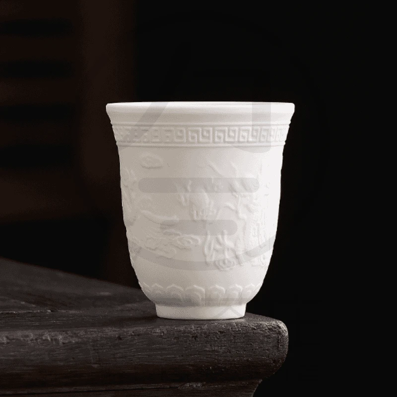 国潮新款120ml羊脂玉白瓷茶杯龙凤影雕主人杯大号喝茶杯茶道用品