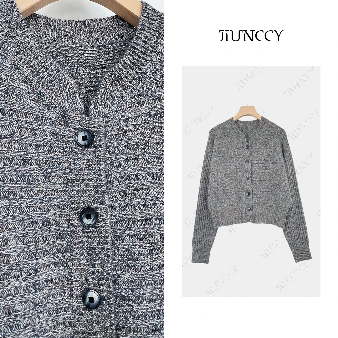 JIUNCCY【平川】100绵羊毛花纱中式领坑条蝙蝠袖针织开衫 42ZZ137