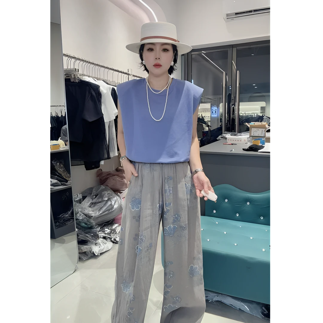 【依尚精选】夏季糖果色小口袋无袖纯棉背心T恤套装印花阔腿裤