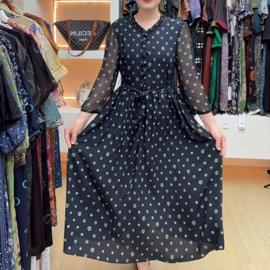 【婷婷专享】2025夏季时尚妈妈连衣裙气质减龄印花连衣裙Q2579
