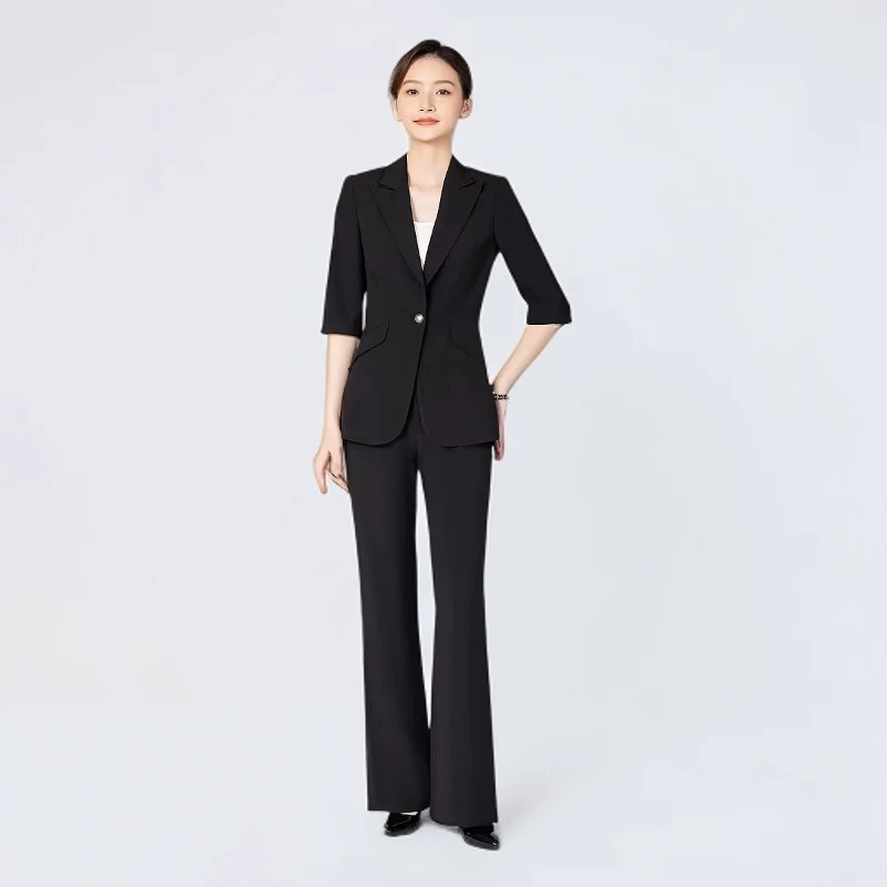 A9931微喇裤西服套装女士夏季修身职业套装西装气质黑色正装薄款