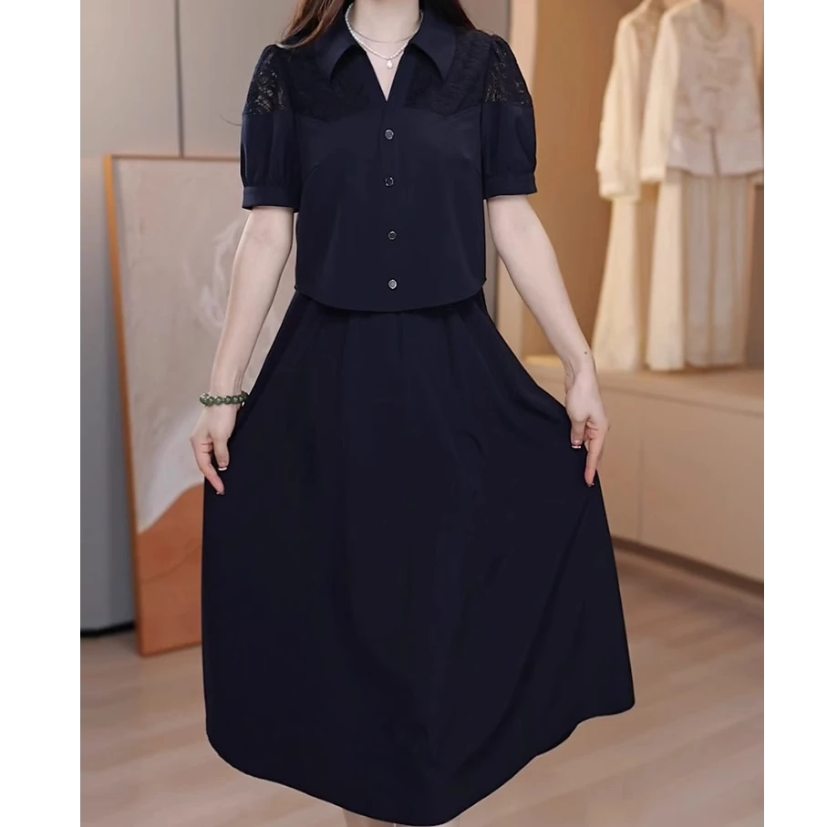 高端大气假两件连衣裙2025夏季新款时尚气质Polo领镂空袖短袖裙子
