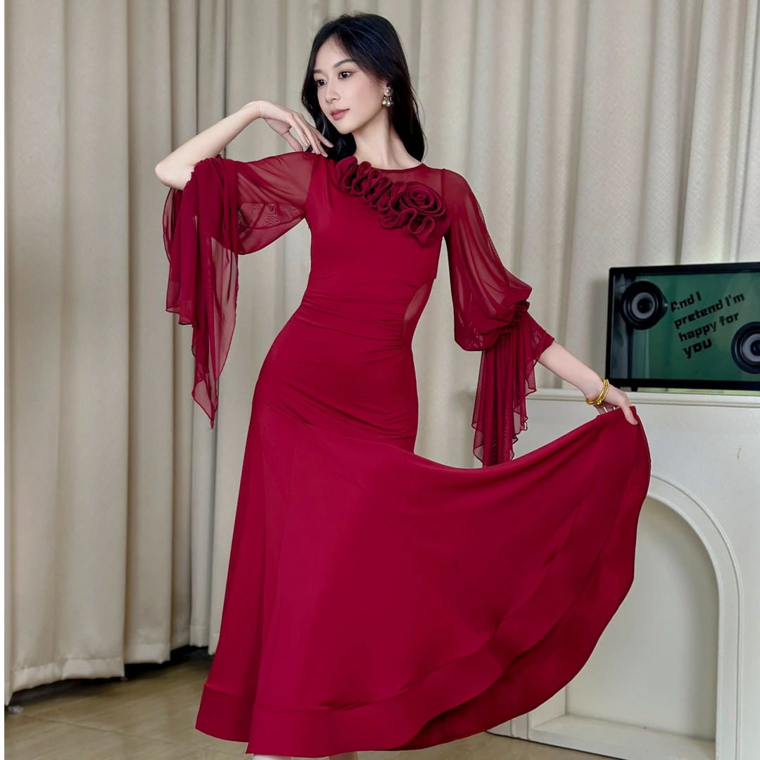 丹珍国标连衣裙25年新款女交谊舞摩登表演舞跳舞网纱大摆裙M69