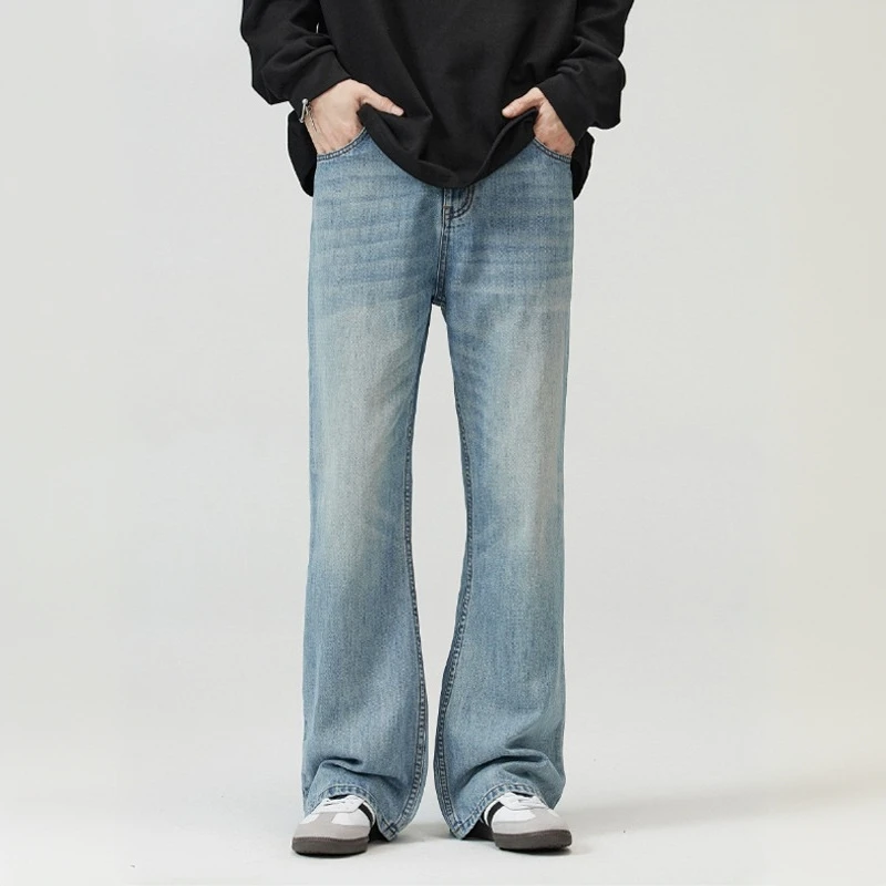 精品男装牛仔裤男美式高街水洗浅蓝色微喇潮牌高级感显瘦拖地长裤