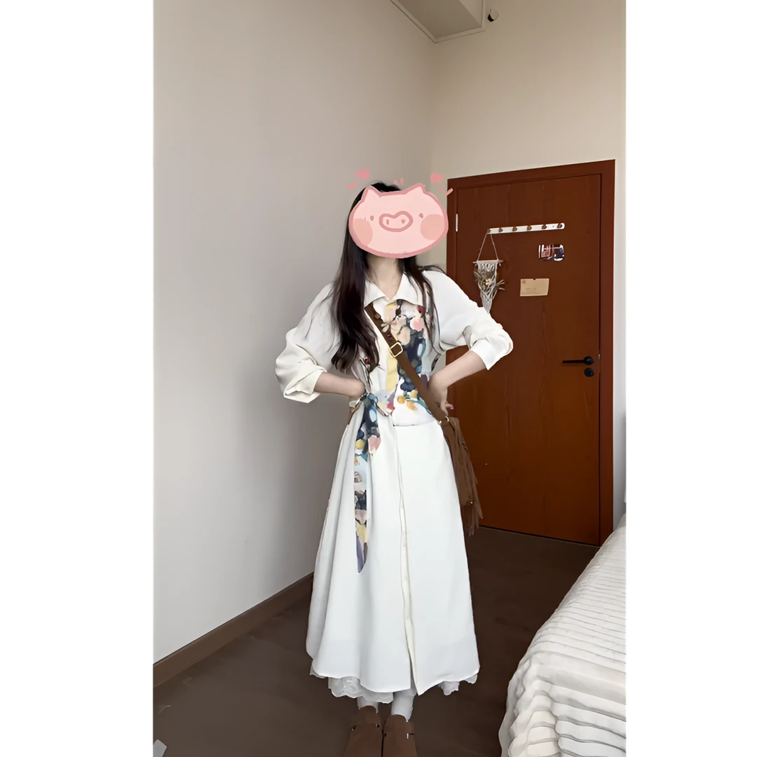 【谧境梦屿】2025春季新款梵高系列荷叶边翻领假两件系带长袖连衣裙