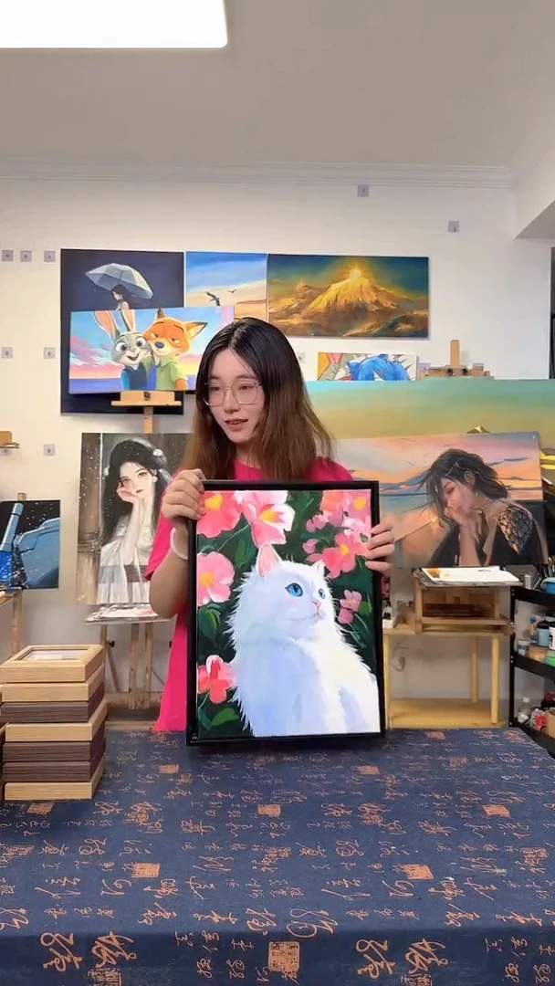 丙烯画白***子阳光粉花白猫丙烯画y加框