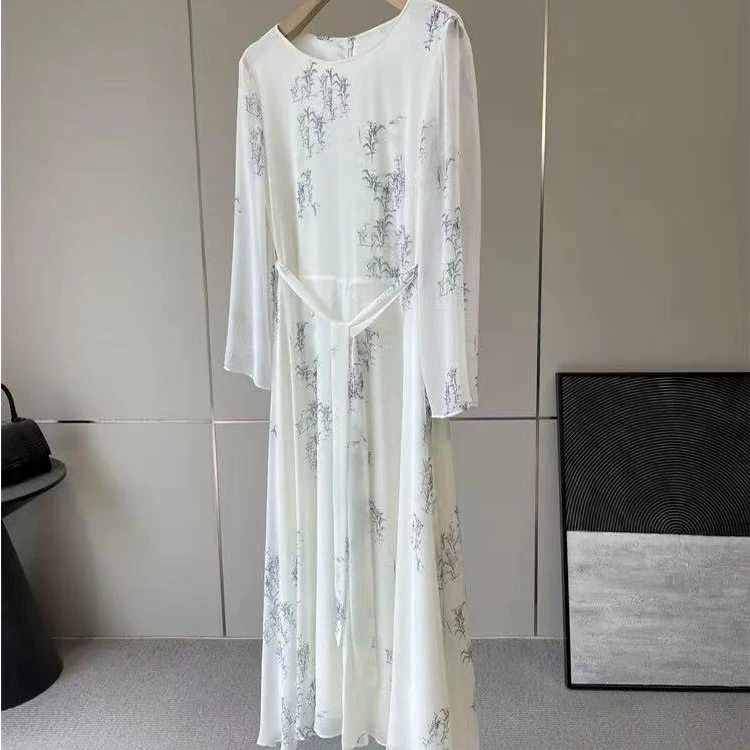 宽松女装连衣裙春夏印花时尚优雅桑蚕丝气质大摆连衣裙762