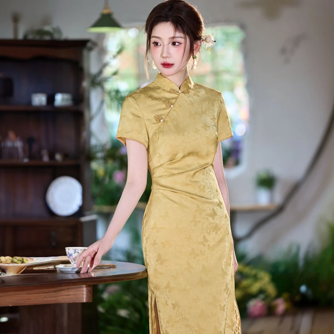 织月【花映】长旗袍新中式微胖女生旗袍提花修身复古新中式黄色旗袍