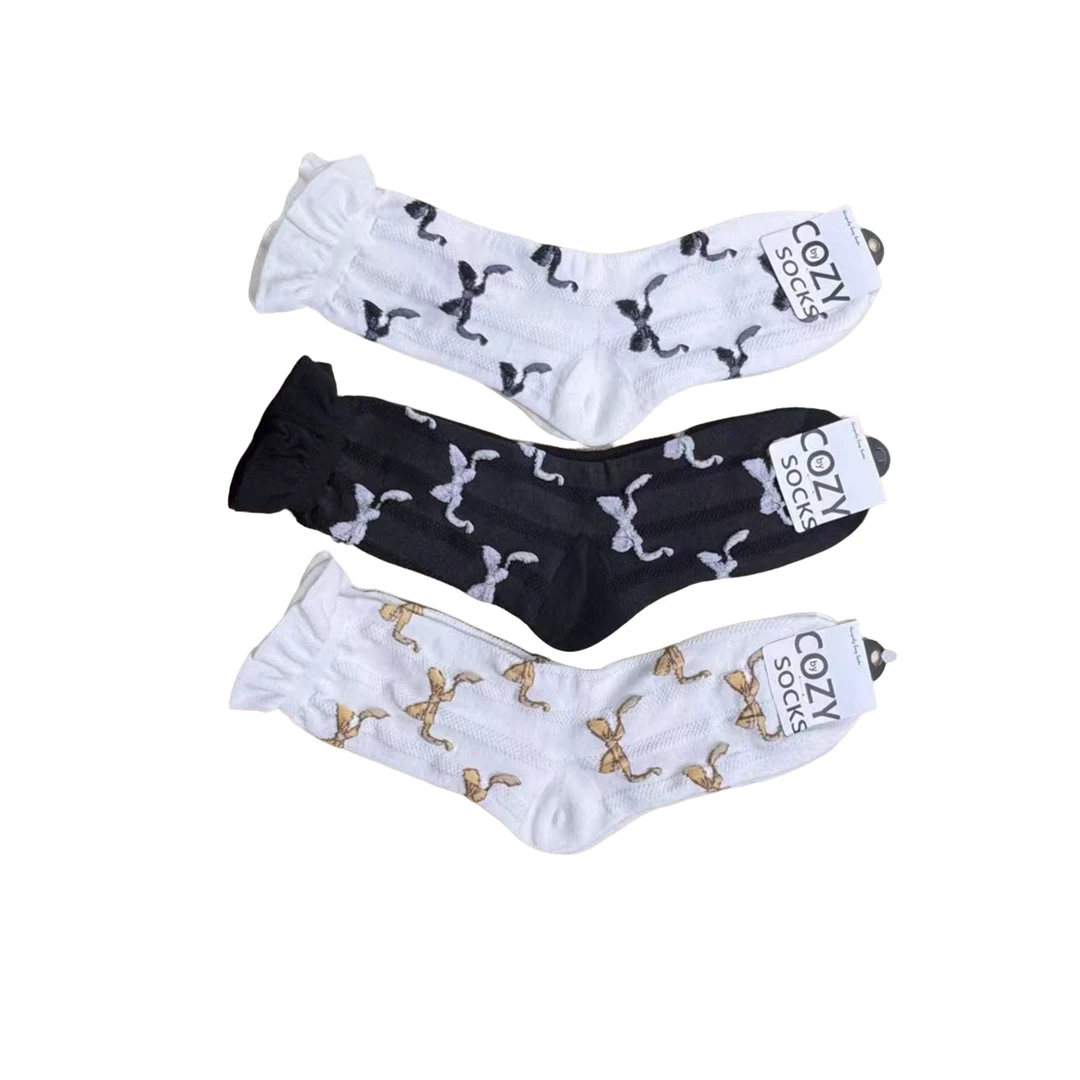 韩国女棉袜3双，新款蕾丝袜腰，舒适，吸汗，漂亮