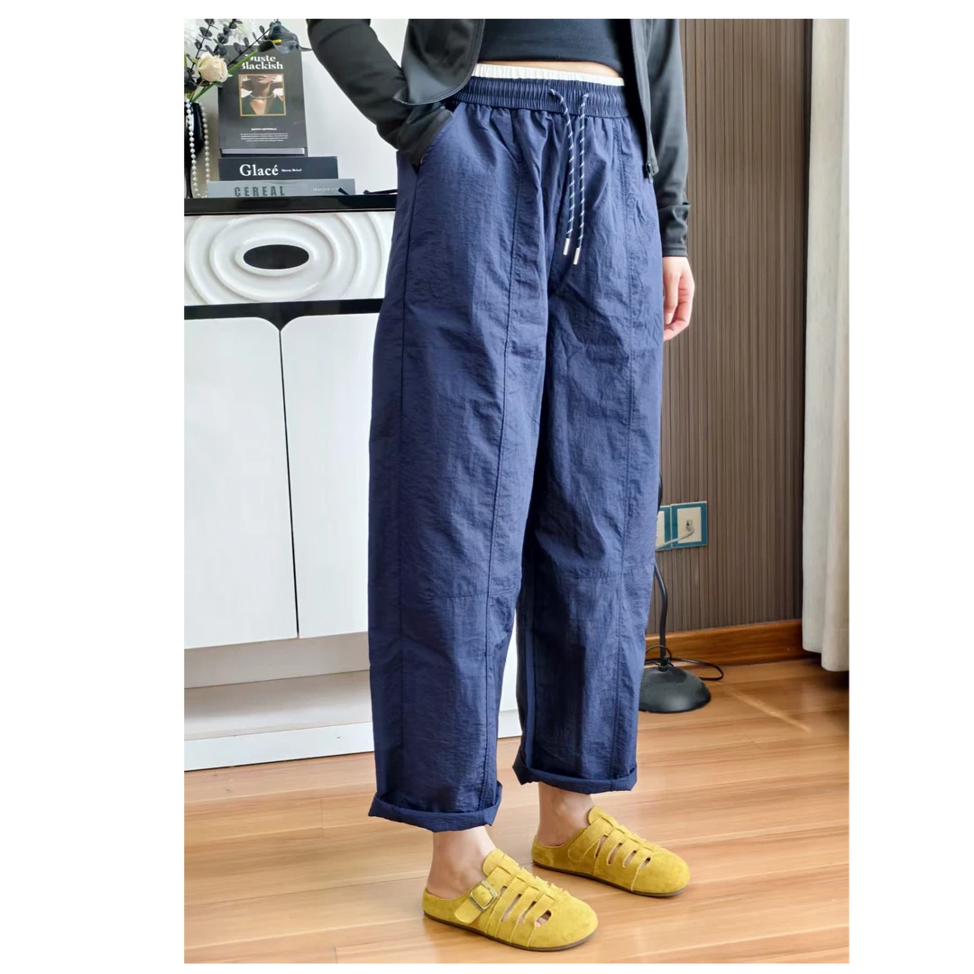 拼色抽绳设计感速干女裤宽松垂感九分百搭休闲裤夏季上新阔腿宽松